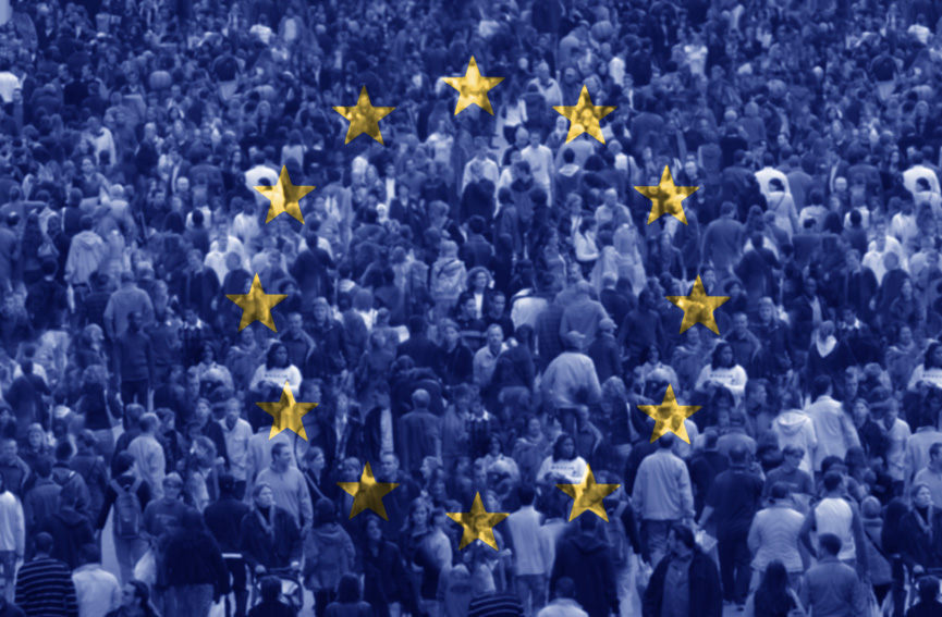 EU-lipun tähdet ja ihmisiä