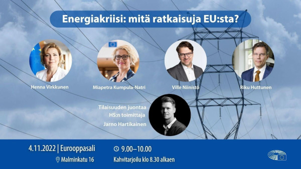 Energiakriisi: mitä ratkaisuja EU:sta? Keskustelu Eurooppasalissa 4.11. klo 9.00–10.00