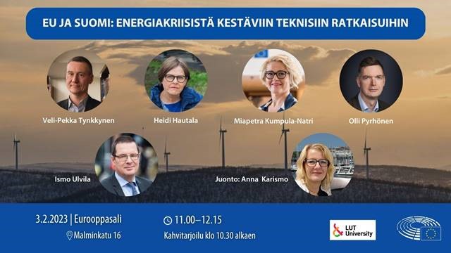 EU ja Suomi: energiakriisistä kestäviin teknisiin ratkaisuihin. Eurooppasalin seminaari 3.2. klo 11–12.15